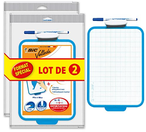 BIC Velleda Ardoise Ecolier Double Face Effaçable à Sec (19x26 cm) avec Feutre Bleu Effaçable à Sec et Effacettes - Lot de 2