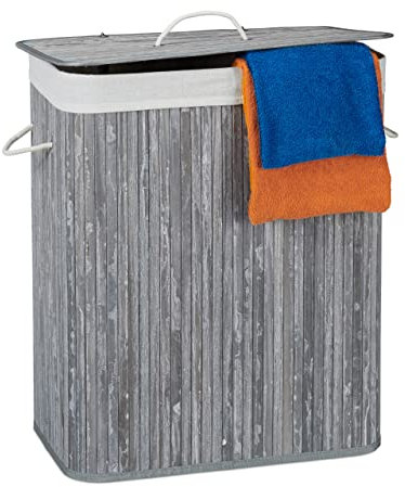 Relaxdays Wäschekorb Bambus mit Deckel, rechteckiger Wäschesammler, 2 Fächer, 95 l Volumen, faltbare Wäschebox, grau