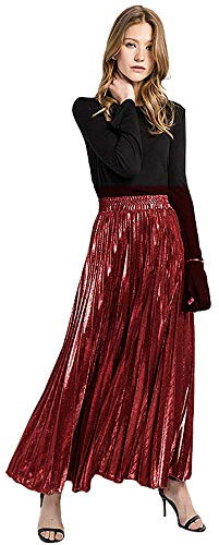 Milya Damen Lang A-Linie Plisseerock Maxi Faltenrock Blingbling (Rot)