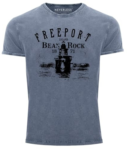 Neverless® Herren Vintage Shirt Retro Print Leuchturm Schriftzug Freeport Island