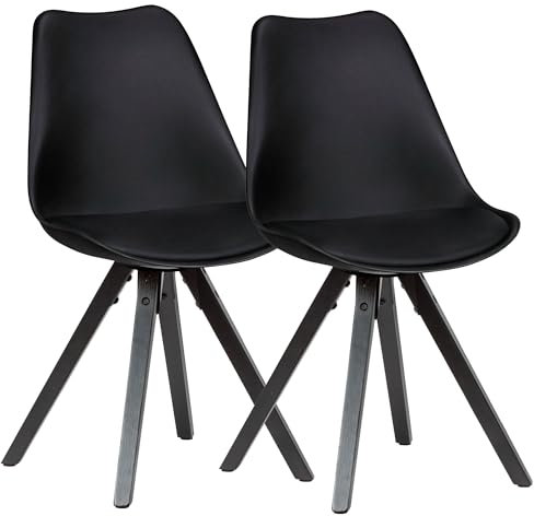 Wohnling 2er Set Retro Esszimmerstuhl Schwarz mit Schwarzen Beinen, Polsterstuhl Skandinavisch Rückenlehne, Küchenstuhl Kunstleder gepolstert