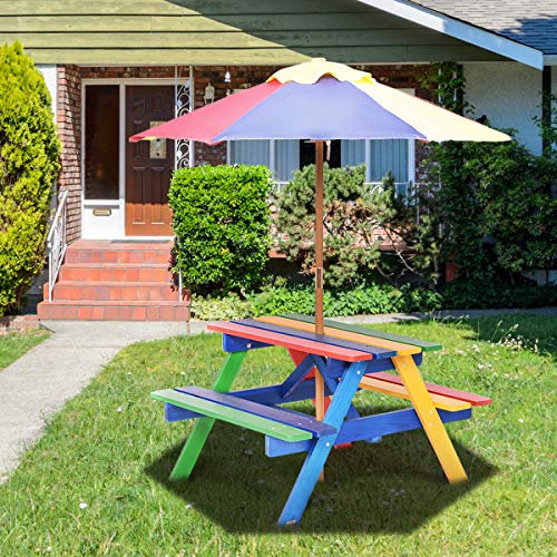 COSTWAY Table de Pique-Nique Enfants avec Parasol Amovible, Table de Jardin Extérieur avec Chaise en Bois, Table d’Activités pour Jardin Terrasse Patio,71x79x140cm
