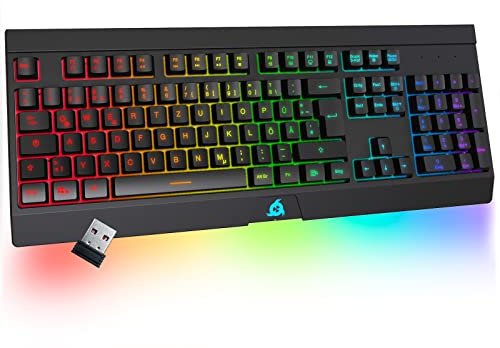 KLIM Rival kabellose Tastatur DE Layout - NEU 2023 - Gaming Tastatur, Leise, Spritzwassergeschützt, 25 Keys Anti-Ghosting - RGB Beleuchtung - Tastatur Kabellos - Wireless Keyboard für Laptop PC/Mac