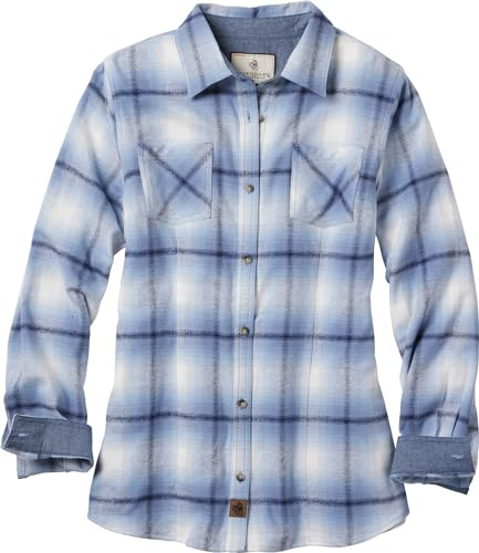 Legendary Whitetails Women's Cottage Escape Flannel Long Sleeve Solid Color Clothes, Fitted Button, Baby Blues Plaid, S