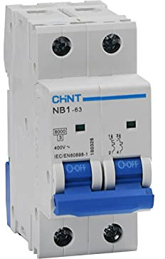 Chint Interruttori Magnetotermici Serie NB1-63 Curva C, cod. 180344 (Bipolare 2 moduli 2P, 400Vac-50A)