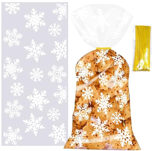 TACHIO Zellophantüten 100 Stück Weihnachtsbeutel 12.5x27.5cm Geschenktüte Keksbeutel Plätzchentüten Gebäcktüten Klarsichtbeutel Zellglasbeutel Cellophantüten für Geschenk (Schneeflocke)