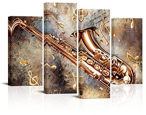 sechars 4 Stück Vintage Musik Wandkunstdrucke Saxophon Musikinstrumente mit Musiknoten Malerei auf Leinwand Jazz Poster gerahmt für Zuhause Wohnzimmer Musik Klassenzimmer Dekoration