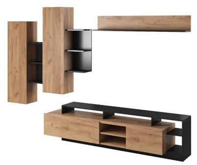 Vente-unique - Mur TV avec rangements - Coloris : Naturel et Anthracite - IDESIA
