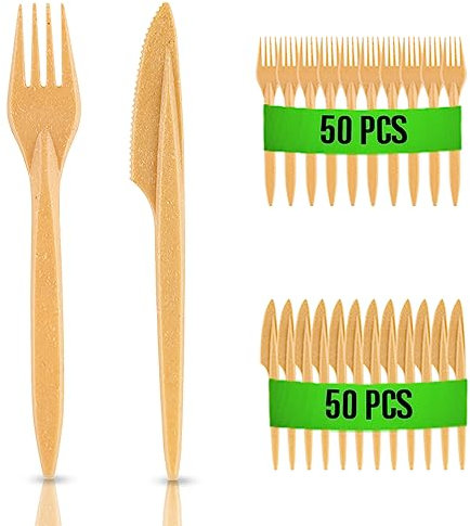 Rago® Kit Couvert en WPC Réutilisables 100 pcs PREMIUM Ensemble de camping Outdoor Couverts de fête réutilisables en bois I Alternative aux couverts en plastique – 50 fourchettes/50 couteaux