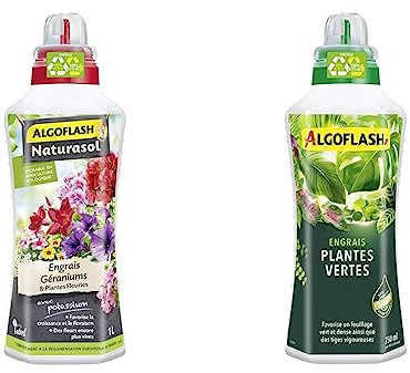 ALGOFLASH NATURASOL Engrais Liquide Géraniums & Plantes Fleuries, 1 L, UAB, ALBIOGER1 & Engrais Plantes Vertes, Bouchon Doseur Inclus, 750 ml, ALIPAV750N