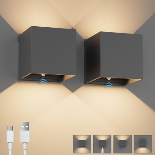 K-Bright 2PCS Akku Wandleuchte mit Bewegungsmelder Innen, 5W LED Akku Wandlampe Up Down Design Einstellbarer Abstrahlwinke für Wohnzimmer,Schlafzimmer Balkon, Flur,Treppen (Dunkelgrau)