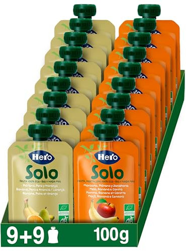 Hero Solo Boîte mixte de gourdes. 9 gourdes de pomme, banane et carotte et 9 gourdes de banane, poire et orange. 100% bio -Pack de 18x100 gr