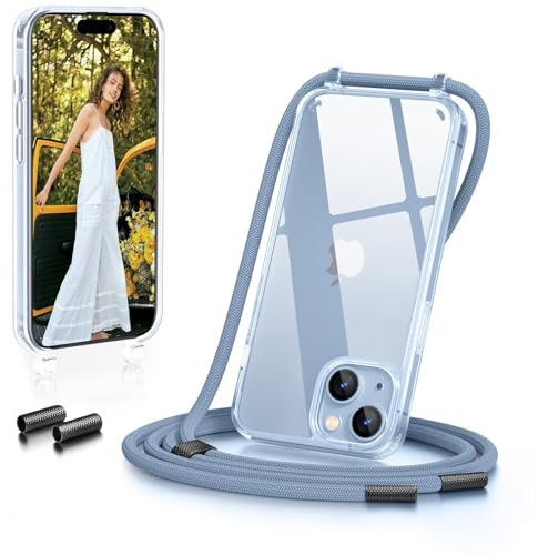 GOODVISH Coque pour iPhone 15 avec Cordon de Collier, Transparente Coque Bumper Etui Housse avec Cordon Réglable Téléphone Lanyard Case Anti-Chute Collier Cover 6,1 Pouces TPU, Bleu