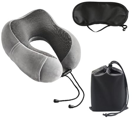 MEMOFYND 1 Stück Memory Foam Reise-Nackenkissen mit Augenmaske, Aufbewahrungstasche, halbrundes Kissen, Sitzkissen, Nickerchenkissen, geeignet für Büroangestellte, EIN Must-Have für Reisen (grau)