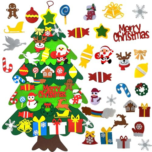 Filz Weihnachtsbaum Kinder, DIY - Tannenbaum mit 32 Abnehmbaren Ornamente Hängend Dekor für Home Tür Wand, Neujahrs-Wandbehang-Dekorationen
