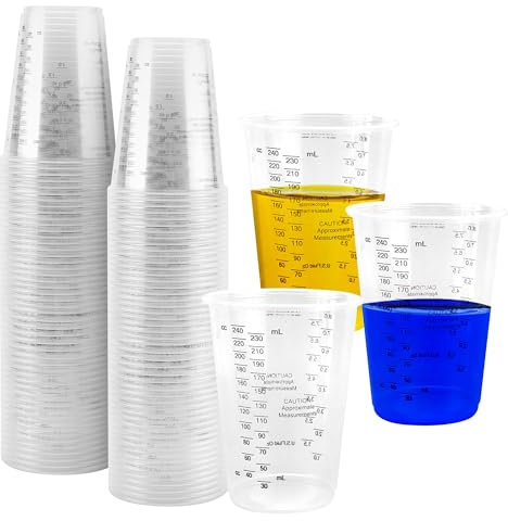 YKUKIZEE 100 Pcs 240 ml Plastic Measuring Cups with Scale, 8 oz Resin Measuring Cups, Clear Mixing Cups for Paint Graduated Pigment Liquids