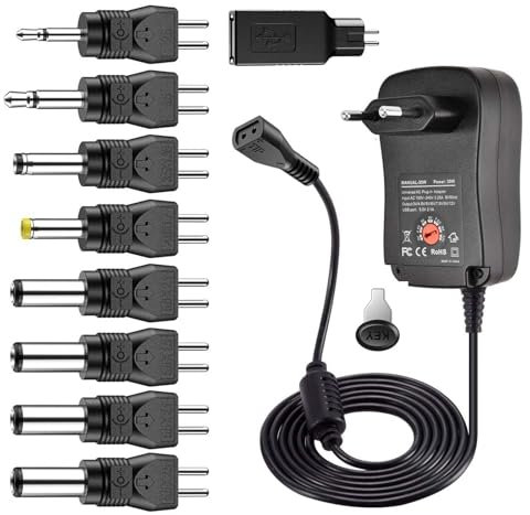 Trasformatore Universale Regolabile con Polarità Reversibile 3V 4,5V 5 V 6V 7,5 V 9V 12V 30W AC DC Adapter multitensione con 9 DC Connettori per elettronica domestica