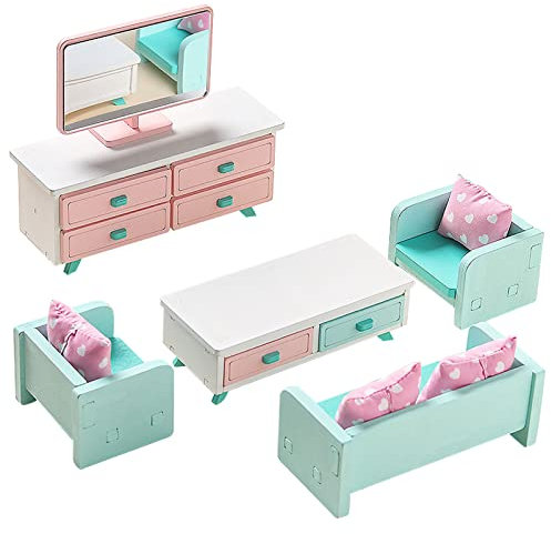 10 Stück Mini Möbe und Zubehör Wohnzimmer Mit Sofa,Minimöbel Komplett-Set aus Holz,Mini für das Wohnzimmer,Tischchen Fernsehgerät und 3 Sesseln,Passend für alle Mini-Haus,Rosa