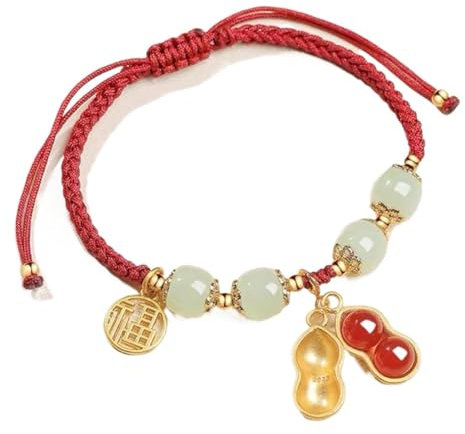Feng Shui-Armband, Geflochtenes rotes Schnurarmband, natürlicher Hetian-Nephrit-Jade-Achat, spiritueller Talisman, vergoldetes Sterlingsilber, Erdnuss-Anhänger, Glücksbringer for Glück, Geld, Wohlstan