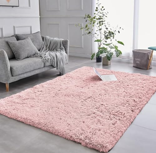 AMEHA Grand tapis moelleux à poils longs antidérapant pour chambre à coucher - Moderne super doux à poils épais - Ne perd pas ses poils - Facile à nettoyer - 160 x 230 cm - Rose