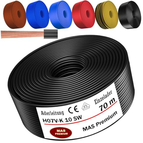 MAS Premium Von 5 bis 100m Aderleitung H07 V-K 10 mm² Schwarz, Braun, Dunkelblau, Grüngelb, Hellblau oder Rot Einzelader flexibel (Schwarz, 70m)