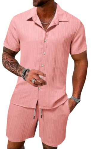 seiveini Ensemble Homme Survetement 2 Pièces Été Manches Courtes Polo Chemise et Shorts Ensembles Sport Outfit A Rose M