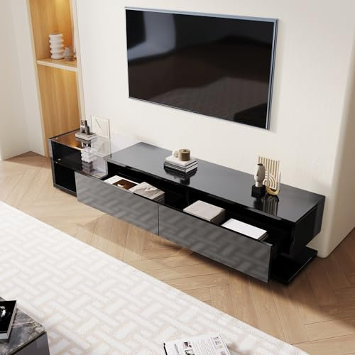 Merax TV Tisch TV lowboard Holz TV Schrank Hochglanz-Wohnzimmermöbel Glastrennwände und Variable LED-Beleuchtung