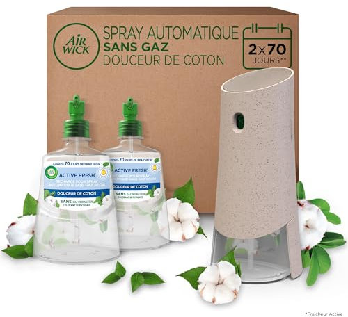 Air Wick Désodorisant Maison Spray Automatique sans Gaz Active Fresh - 1 Diffuseur + 2 Recharges Parfum Douceur de Coton