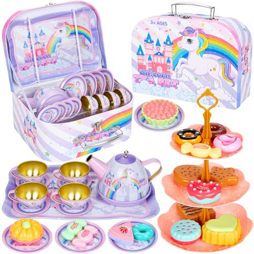 Damcyer Set da tè per bambini, 33 PCS Set Cucina Bambini da Festa del tè con Vassoio per Cibo e Dessert Teiera Accessori da Cucina per Bambini Ragazze Gioco di Finzione,Unicorno