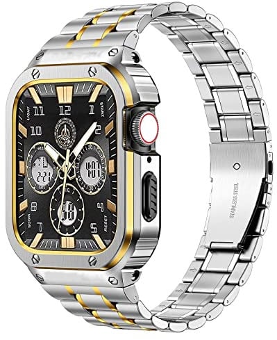 MioHHR Stainless Steel Watch Band with Case Compatible with Apple Watch Series 11 10 46mm,Rugged Strap with Metal Protective Bumper Cover for iWatch Band Men(Silver/Gold)