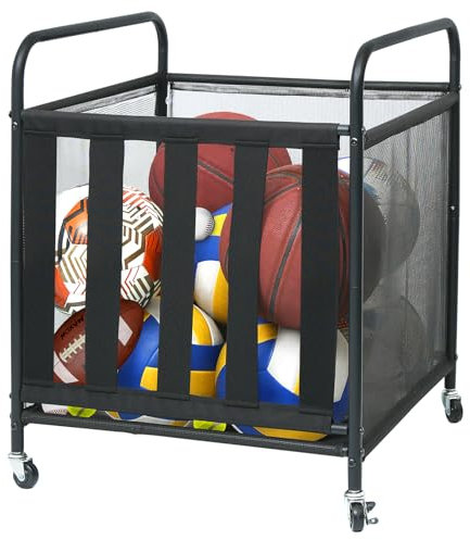RANXFLOAT Ball Storage Rack Rolling Sports Ball Storage Cart with Wheels and Handles Metal Sport Equipment Organizer Rack with Elastic Straps for Garage, Gym or Playground Black