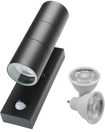 JNR Edelstahl LED Außenlampe mit PIR Bewegungsmelder, Außenleuchte IP54 Up Down Wandlampe 230V inkl. 2x5W GU10 3000K Warmweiß Glühbirne Modern wandleuchte für Porch Garten Balkon,Schwarz