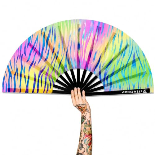 WONKIWEAR Fan, Folding Handheld, Glow UV Reactive Design, Large Strong Black Bamboo. Unisex for Raves, Festivals, Concerts, Drag, Gay Pride (UV Safari Disco, Large)