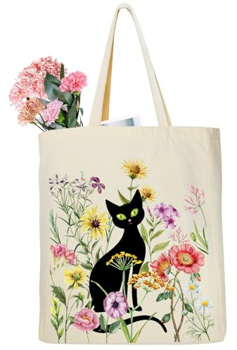 Baumwolltasche Bedruckt Canvas Tote Bag Aesthetic Einkaufstasche mit Katze Stoffbeutel 35 x 42 x 8 cm - Damen Tragetasche mit Katze Blumen, Geschenke für Frauen Freund Mama zum Geburtstag