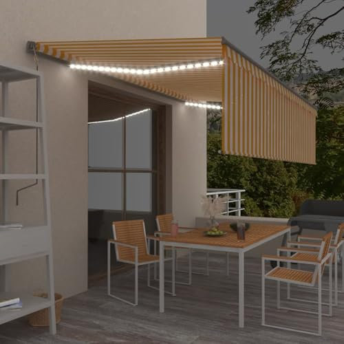 IKAYAA Toldo Automático Retráctil con LED y Sensor 5 x 3 m, Toldo Enrollable Aluminio y Poliéster,Toldo Completo con Manivela, Persiana, Toldo Eléctrico para Balcón y Veranda Amarillo y Blanco