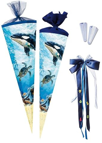 Nestler Schultüten-Set zum Befüllen, Handgemachte Zuckertüte aus Karton - Motiv Meereswelten, Schultüte, Spitzenschutz, Schleife (blau, 85 cm 6-eckig)