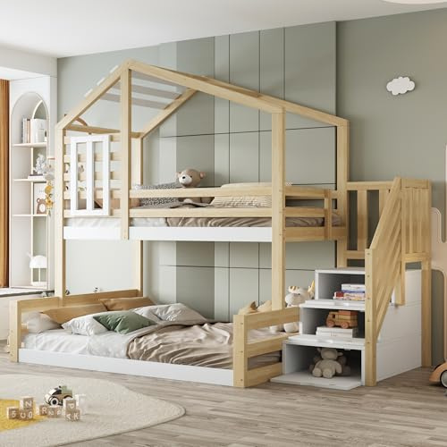 Etagenbett 90x200cm Hausbett mit Fenster Stufentreppe zur Aufbewahrung Geländer Hochbett für 3 Personen Bodenbett mit Lattenrost Kiefernholz Gästebett Holzfarbe