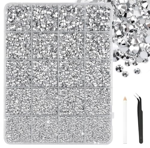 Bouiexye 28000 Pcs Silver Resin Rhinestones 2-6 mm Bedazzling Crystal Flatback Rhinestones with Tweezers for DIY Crafts Shoes Clothing Glasses Nail Art