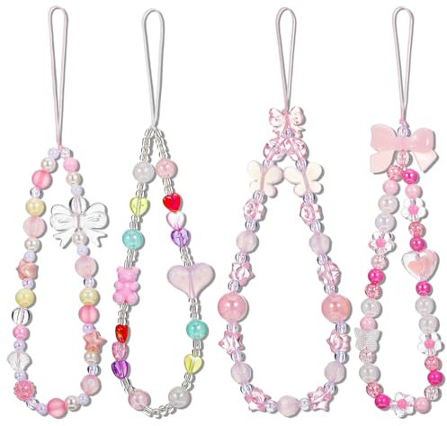 Wanmu 4 PCS Beaded Phone Bracelet Strap, Acrylic Cute Phone Charm Chain, Bow Butterfly Flower Phones Wrist Strap for Women, Girls Anti-Lost Lanyard, Wallet Bag Pendants Decor(Pink)