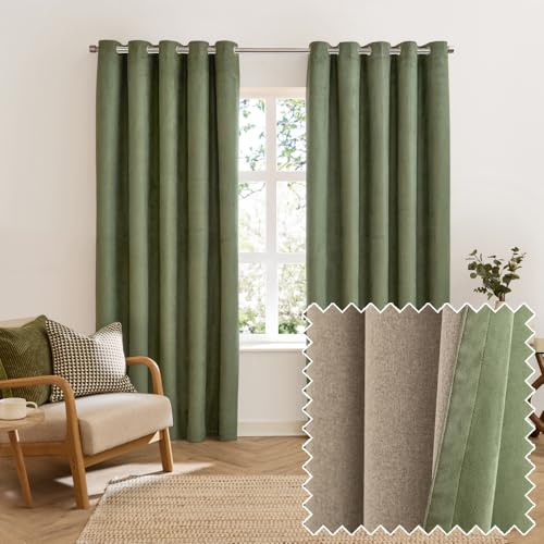 furn. Verso Blackout Ösenschal Paar – Wende Ring Oberlichtblockierende Wildledervorhänge (Grün – 229x229cm)