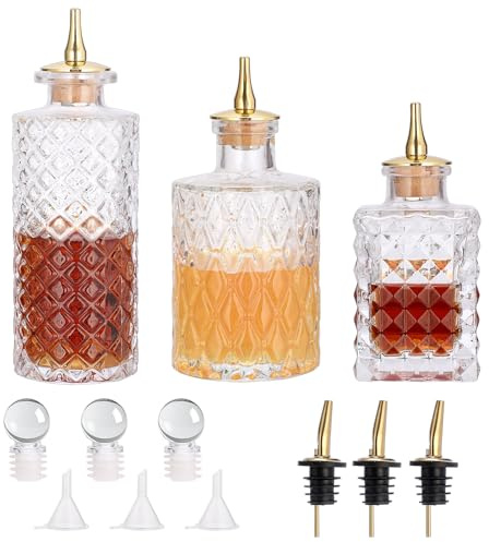 SUMNACON 3Stk Bitters Bottle Set, Getränkespender mit Kork, Glas Bitterflaschen in Gitternetzformen, Bar-Werkzeug für Whiskey, Cocktail, Mixen, Aufgüsse, Bitterstoffe und Tonika im Barkeeper, Hausbar
