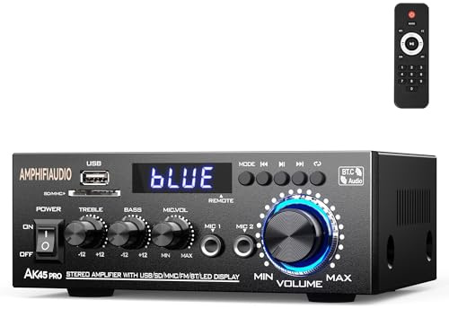 AK45 Pro Stereo-Verstärker, Heim-Audio-Stereo-Receiver, Nennleistung 50 W x 2, max. 800 W, Bluetooth 5.0 2.0-K-Audio-Empfänger für Heimkino-Lautsprecher mit USB/SD/RCA/2 Mikrofon für Garage