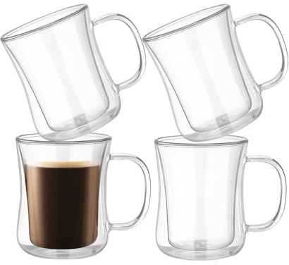 LoveFirst Doppelwandige Latte Macchiato Gläser 4er Set 350ml Kaffeetassen Glas aus Borosilikatglas Handgemachte Kaffeeglas Teegläser mit Henkel für Espresso Cappuccino,Tee,EIS,Milch,Bier