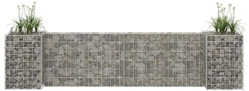 Gecheer H-förmiger Gabionen-Pflanzkorb Stahldraht 260x40x60 cm, silberfarben, stabil, witterungsbeständig, Maschengitter, für Gartengestaltung und Hofzonen