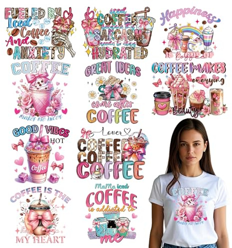 Eiapadeor Dtf Transfers Ready to Press - 10 Sheets Iron On Transfers for Tshirts Pink Coffee Transfer Stickers for Women Clothes Clothing Bow Tie Heat Press Iron On Dtf Transfer DIY Craft