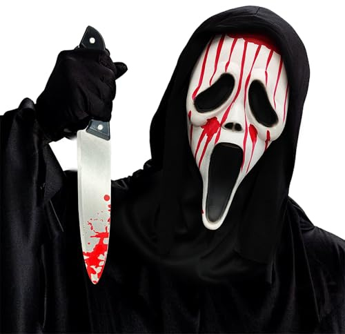 ILMFMY Halloween Maske im Ghostface-Stil mit Kapuze – Kostüm-Set 2-teilig (Maske + Messer-Attrappe), Latex, Unisex Erwachsene, für Halloween, Karneval, Fasching, Cosplay & Partys