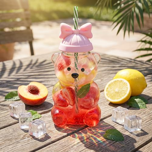 shaojian Bear Cup 2025 New Bear Cute Cup, 20oz Glass Cups with Lids and Straws Reusable Glass Tumbler for Iced Coffee, Milk Tea, and Cocktails, Dishwasher Safe(Pink Bow)