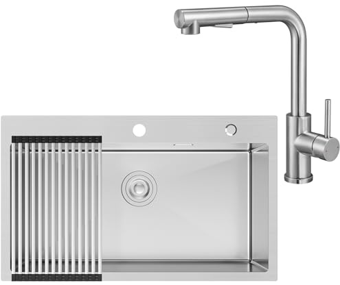 CECIPA 75x45 cm Évier Cuisine Inox 304, Pour plan de travail 80cm et plus | Évier avec égouttoir enroulable, kit de vidange complet, Robinet cuisine rétractable, Encastrée ou sur plan de travail