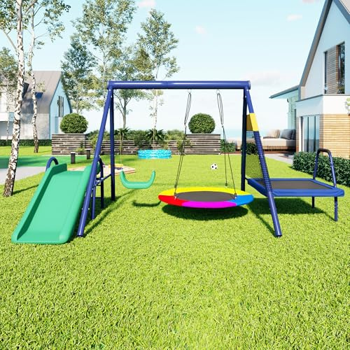 ACAGALA 4 in 1 Schaukelset, Rutsche, Trampolin, Runde Nestschaukel und Plastikschaukel, Kinderschaukel mit Gestell, Outdoor Schaukel Kombination, Außen Spielparadies für Kinder ab 3 Jahren