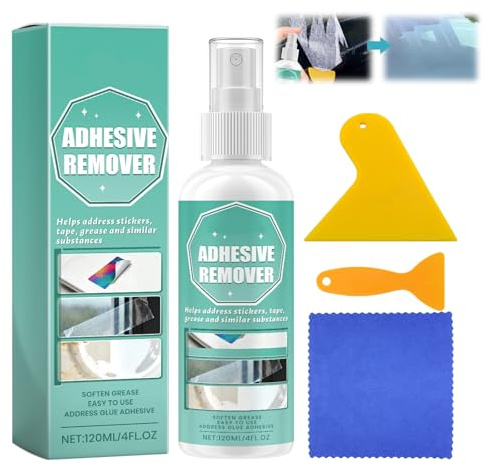 Klebereste Entferner Spray, Powerful Etikettenlöser 120 ML Klebstoffentferner Komplett Mit Schaber Und Tuch Entfernt Effektiv Klebstoff Etiketten Und Kleberückstände Von Glas Kunststoff Und Fahrzeugen